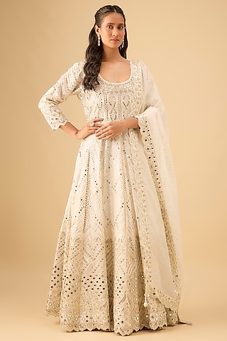 White Tissue Mirror Embroidered Anarkali Set by Suhino