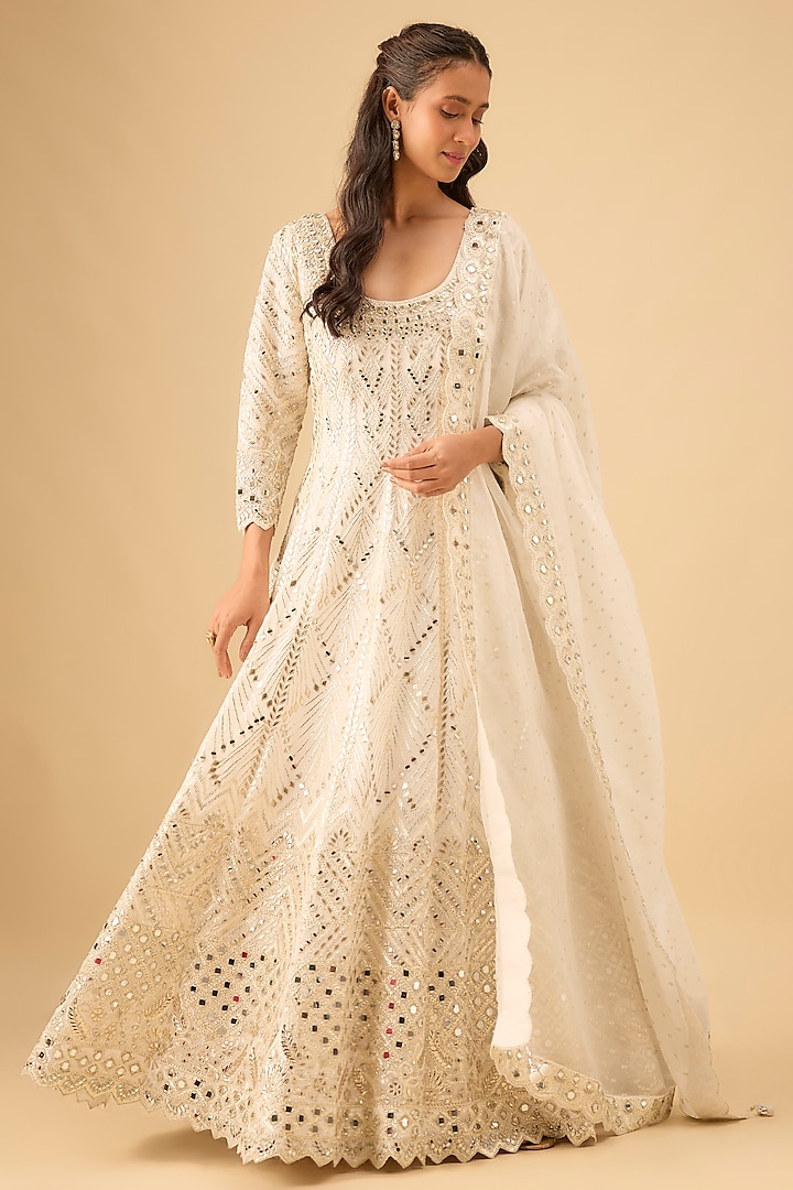 White Tissue Mirror Embroidered Wedding Anarkali Set by Suhino at Pernia's Pop Up Shop