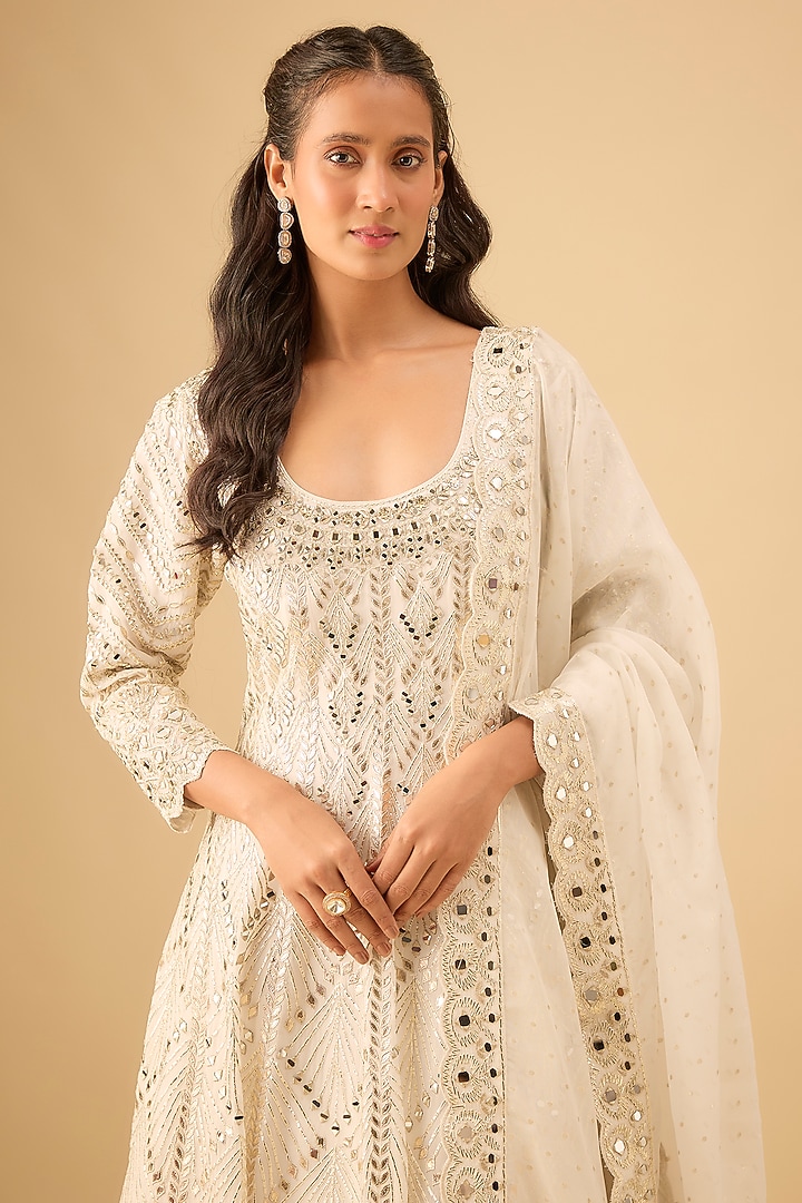White Tissue Mirror Embroidered Wedding Anarkali Set by Suhino at Pernia's Pop Up Shop
