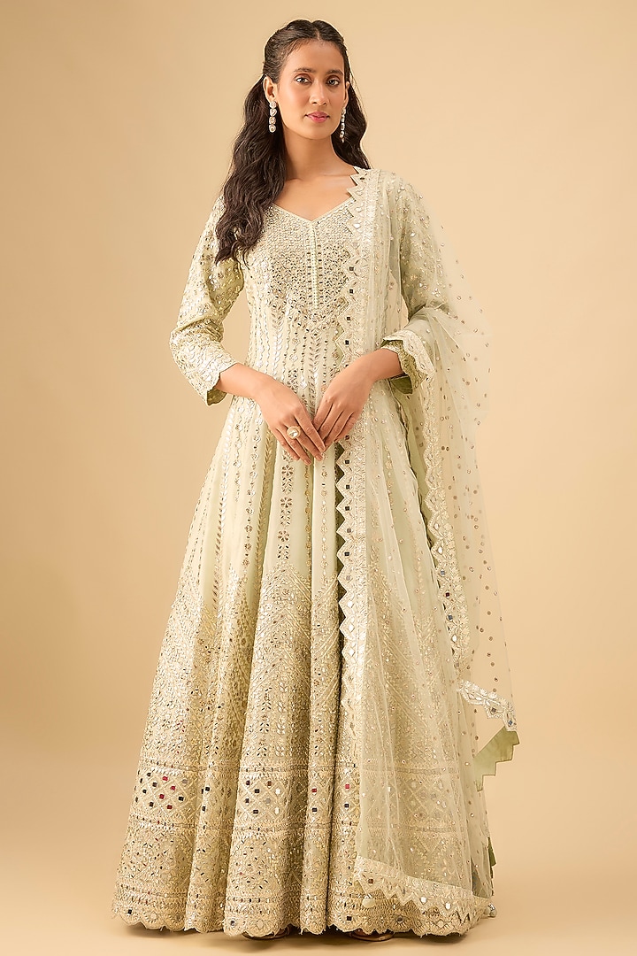 Light Green Tissue Mirror Embroidered Wedding Anarkali Set by Suhino at Pernia's Pop Up Shop
