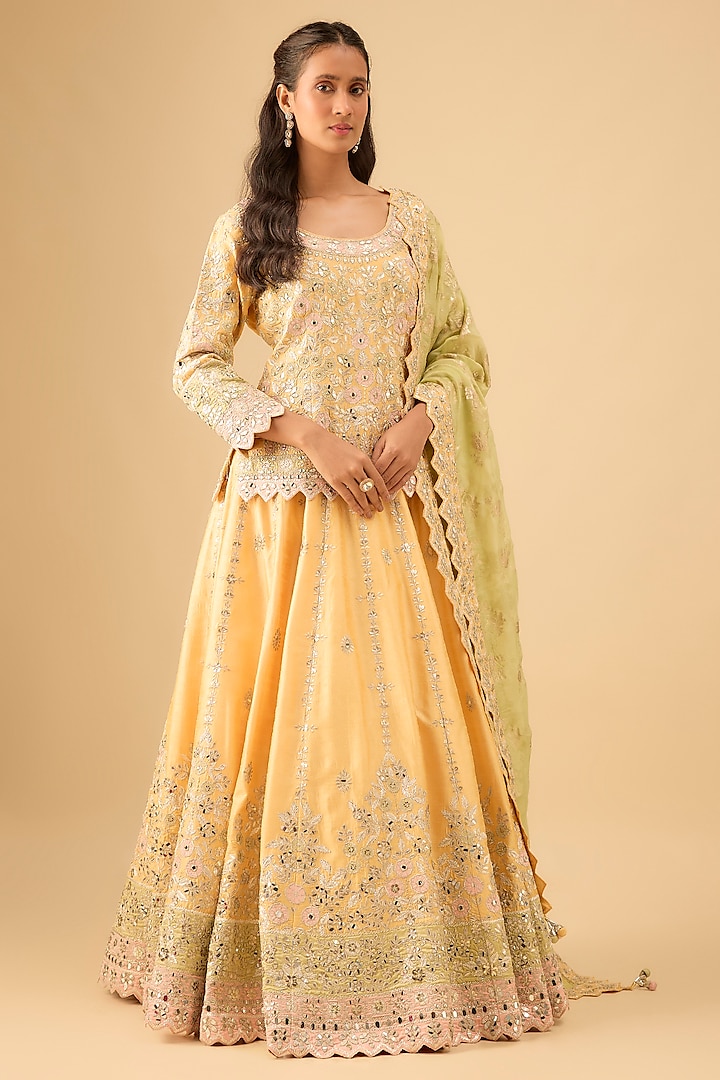 Yellow Slub Silk Mirror Embroidered Wedding Lehenga Set by Suhino at Pernia's Pop Up Shop