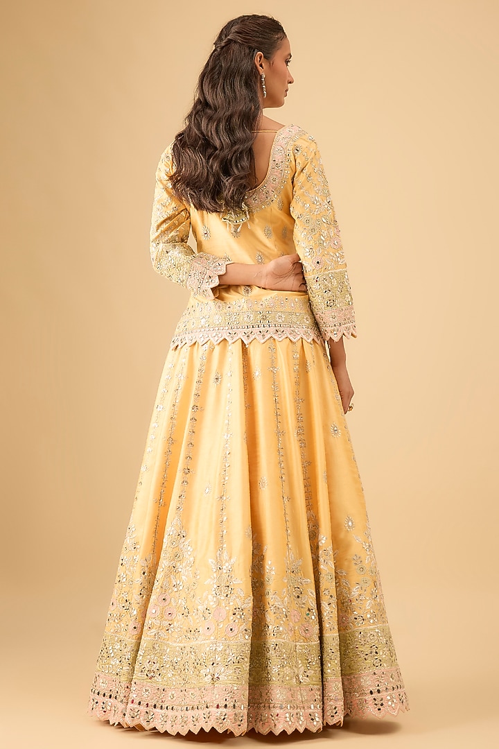 Yellow Slub Silk Mirror Embroidered Wedding Lehenga Set by Suhino at Pernia's Pop Up Shop