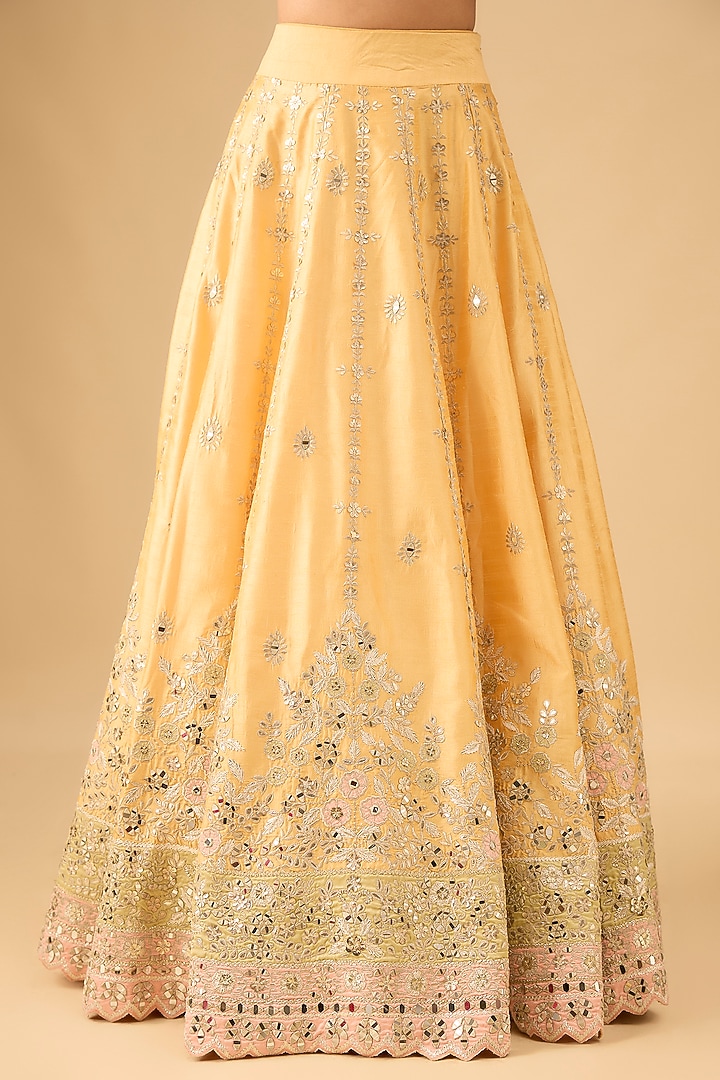 Yellow Slub Silk Mirror Embroidered Wedding Lehenga Set by Suhino at Pernia's Pop Up Shop