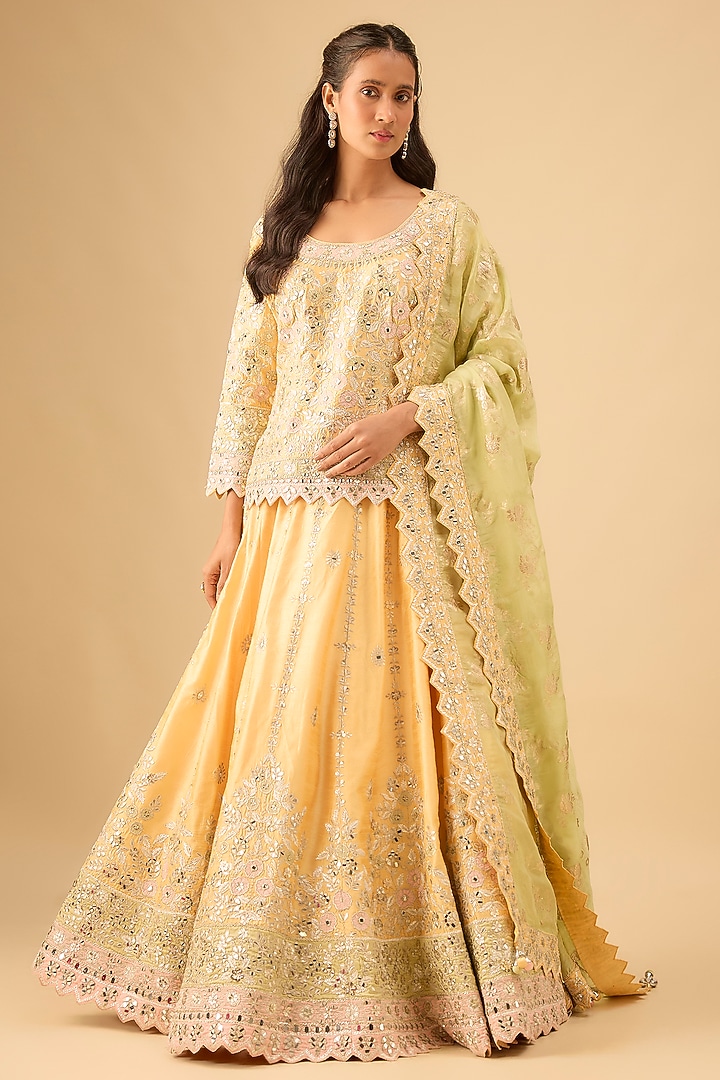 Yellow Slub Silk Mirror Embroidered Wedding Lehenga Set by Suhino at Pernia's Pop Up Shop