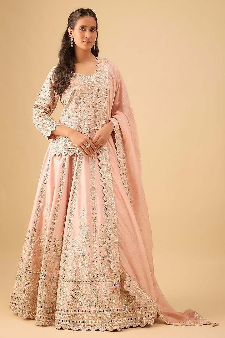 Peach Slub Silk Mirror Embroidered Wedding Lehenga Set by Suhino at Pernia's Pop Up Shop