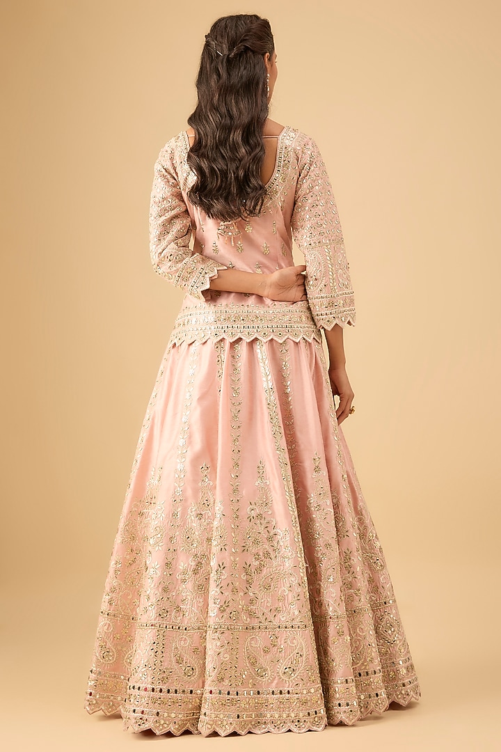 Peach Slub Silk Mirror Embroidered Wedding Lehenga Set by Suhino at Pernia's Pop Up Shop