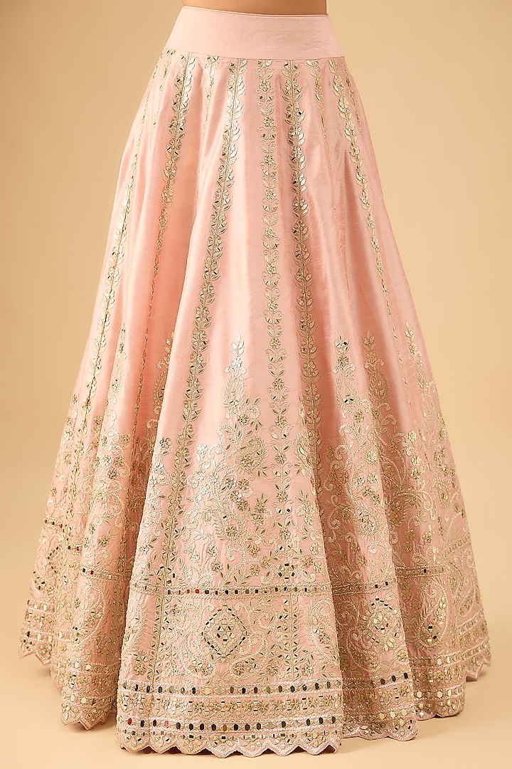 Peach Slub Silk Mirror Embroidered Wedding Lehenga Set by Suhino at Pernia's Pop Up Shop