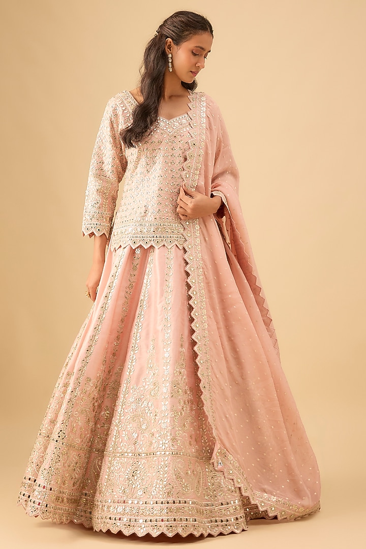 Peach Slub Silk Mirror Embroidered Wedding Lehenga Set by Suhino at Pernia's Pop Up Shop