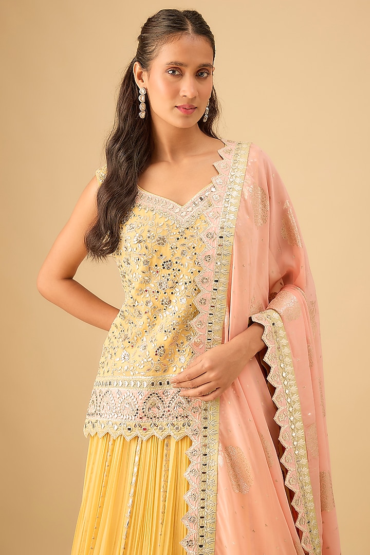 Yellow Georgette Mirror Embroidered Wedding Lehenga Set by Suhino at Pernia's Pop Up Shop