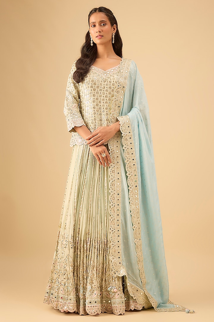 Dusty Green Tissue Pleated Wedding Lehenga Set by Suhino at Pernia's Pop Up Shop