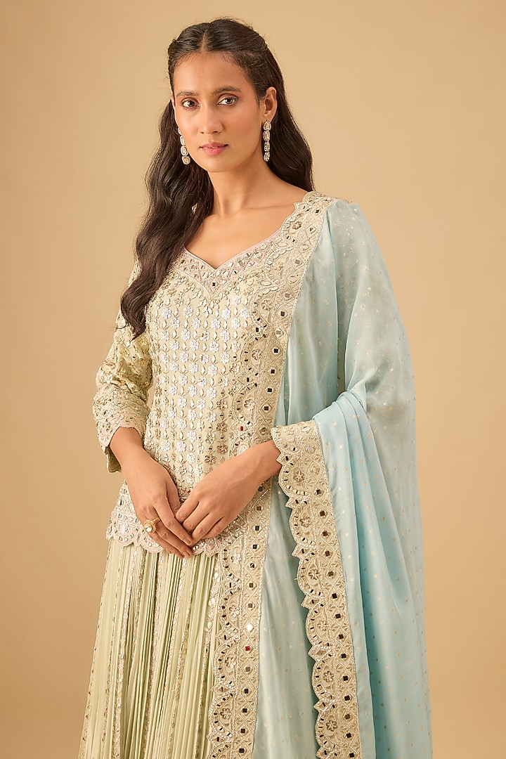 Dusty Green Tissue Pleated Wedding Lehenga Set by Suhino at Pernia's Pop Up Shop