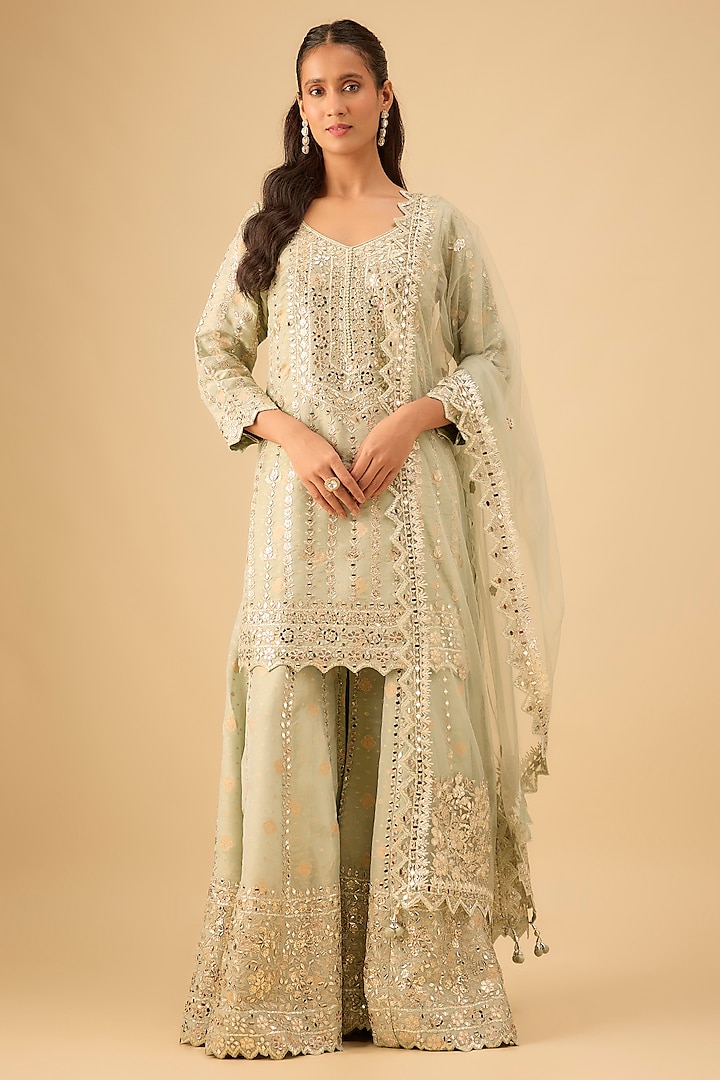 Aqua Tissue Embroidered Wedding Sharara Set by Suhino at Pernia's Pop Up Shop