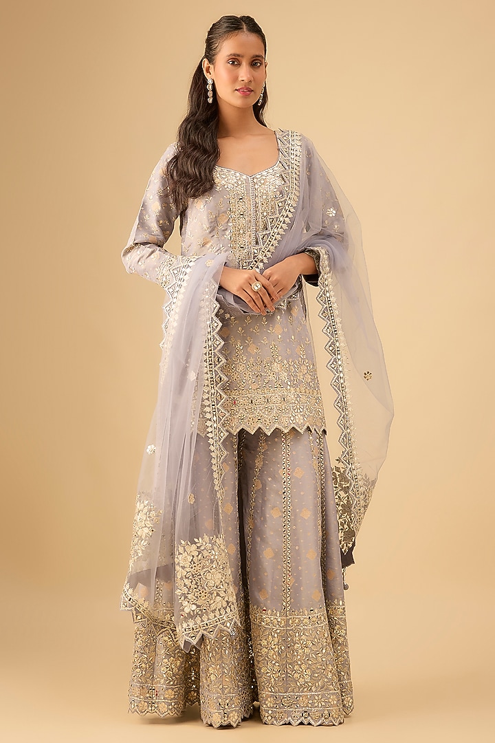Steel Blue Tissue Embroidered Wedding Sharara Set by Suhino at Pernia's Pop Up Shop