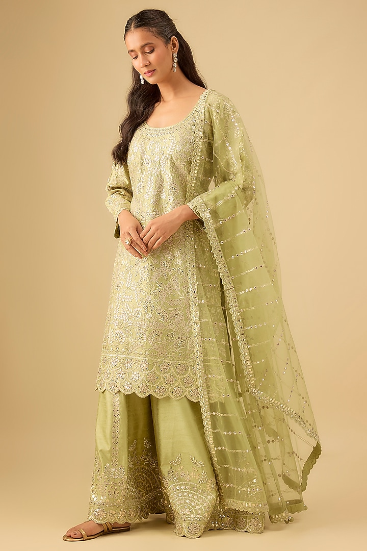 Green Slub Silk Embroidered Wedding Sharara Set by Suhino at Pernia's Pop Up Shop