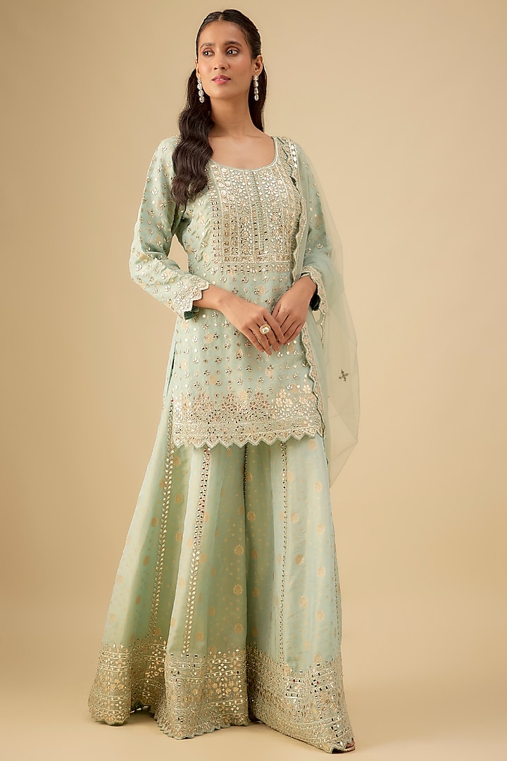 Aqua Tissue Embroidered Wedding Sharara Set by Suhino at Pernia's Pop Up Shop