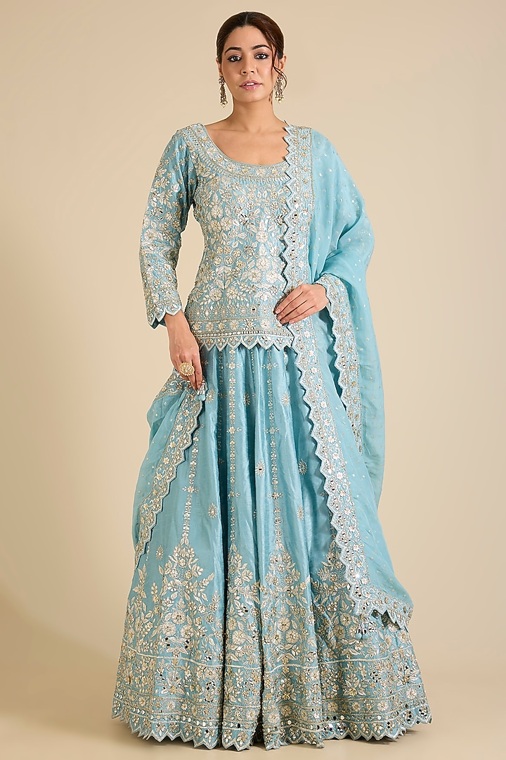 Blue Slub Silk Wedding Lehenga Set by Suhino at Pernia's Pop Up Shop