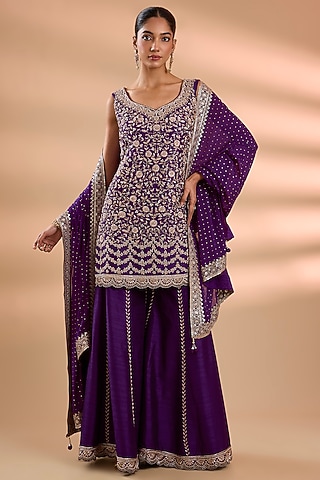 Purple Slub Silk Sharara Set by Suhino