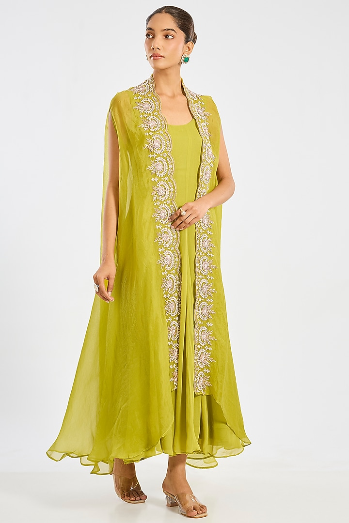 Green Organza Hand Embroidered Jacket Set by Suhino at Pernia's Pop Up Shop