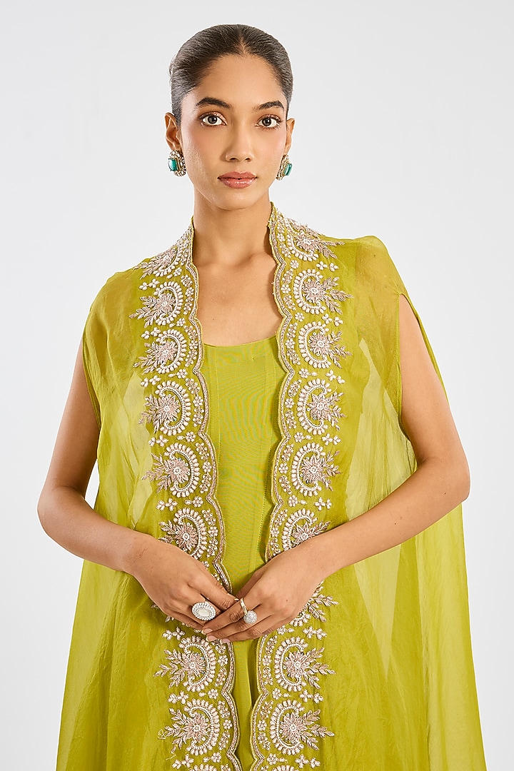 Green Organza Hand Embroidered Jacket Set by Suhino at Pernia's Pop Up Shop
