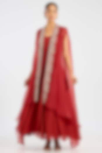 Red Organza Hand Embroidered Jacket Set by Suhino at Pernia's Pop Up Shop