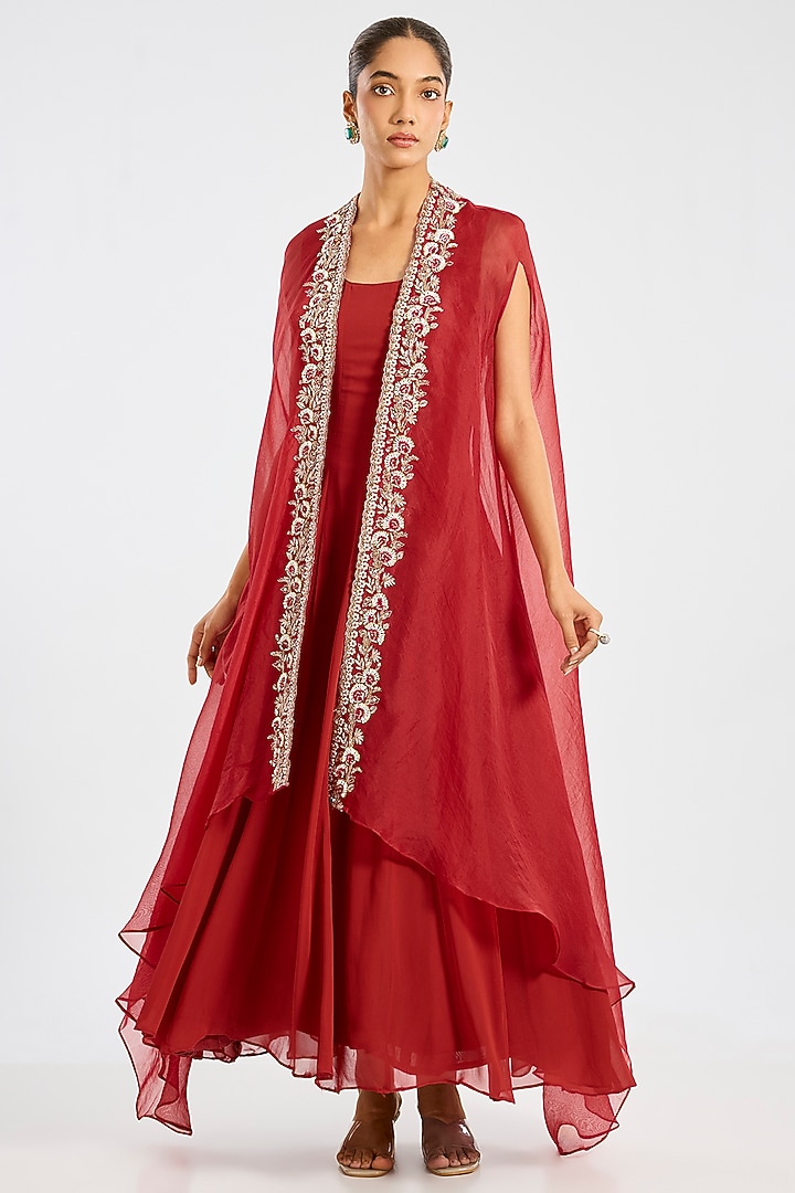Red Organza Hand Embroidered Jacket Set by Suhino at Pernia's Pop Up Shop