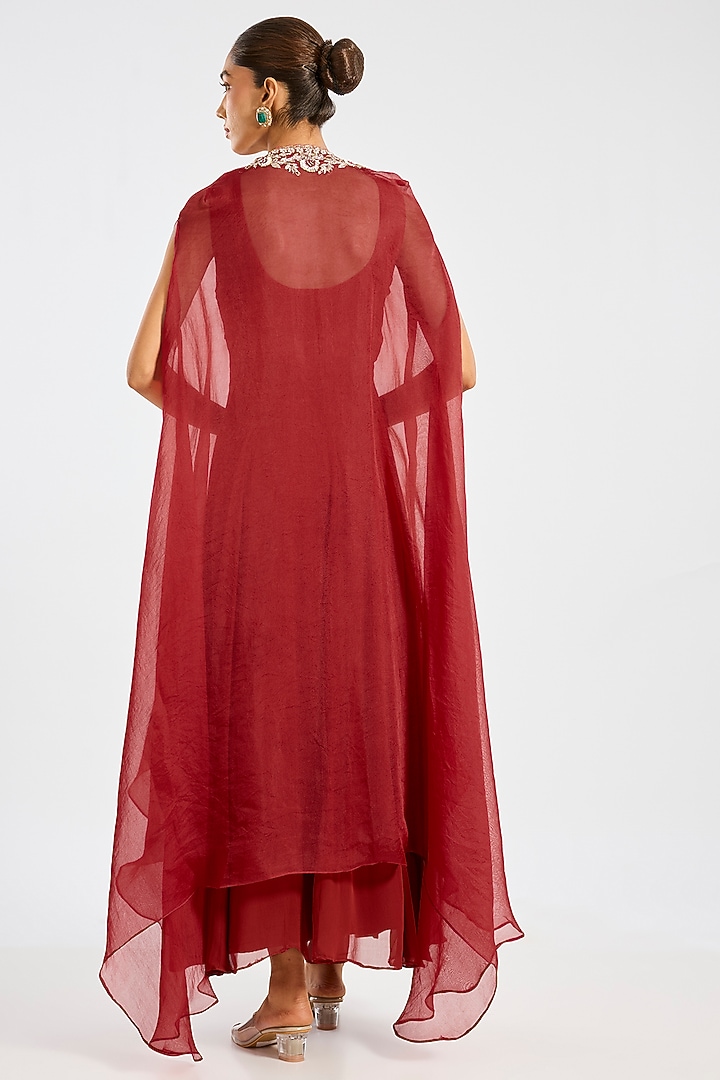 Red Organza Hand Embroidered Jacket Set by Suhino at Pernia's Pop Up Shop