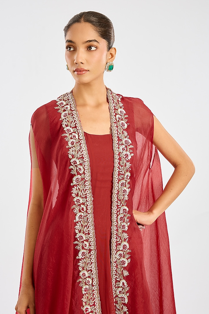 Red Organza Hand Embroidered Jacket Set by Suhino at Pernia's Pop Up Shop