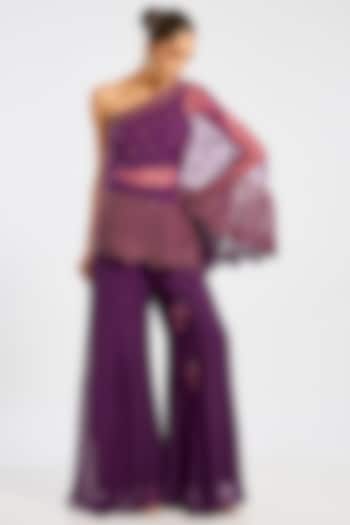 Purple Organza Pearl Embroidered One-Shoulder Cape Set by Suhino at Pernia's Pop Up Shop