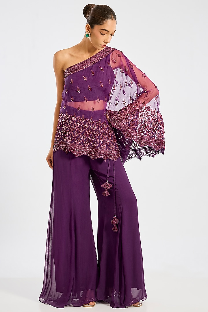 Purple Organza Pearl Embroidered One-Shoulder Cape Set by Suhino at Pernia's Pop Up Shop