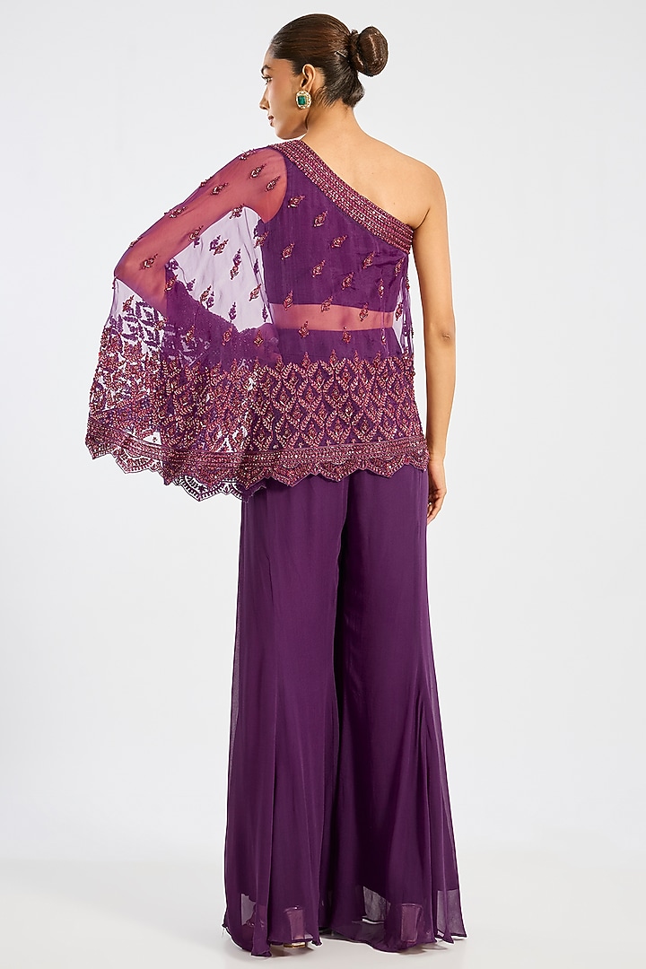 Purple Organza Pearl Embroidered One-Shoulder Cape Set by Suhino at Pernia's Pop Up Shop