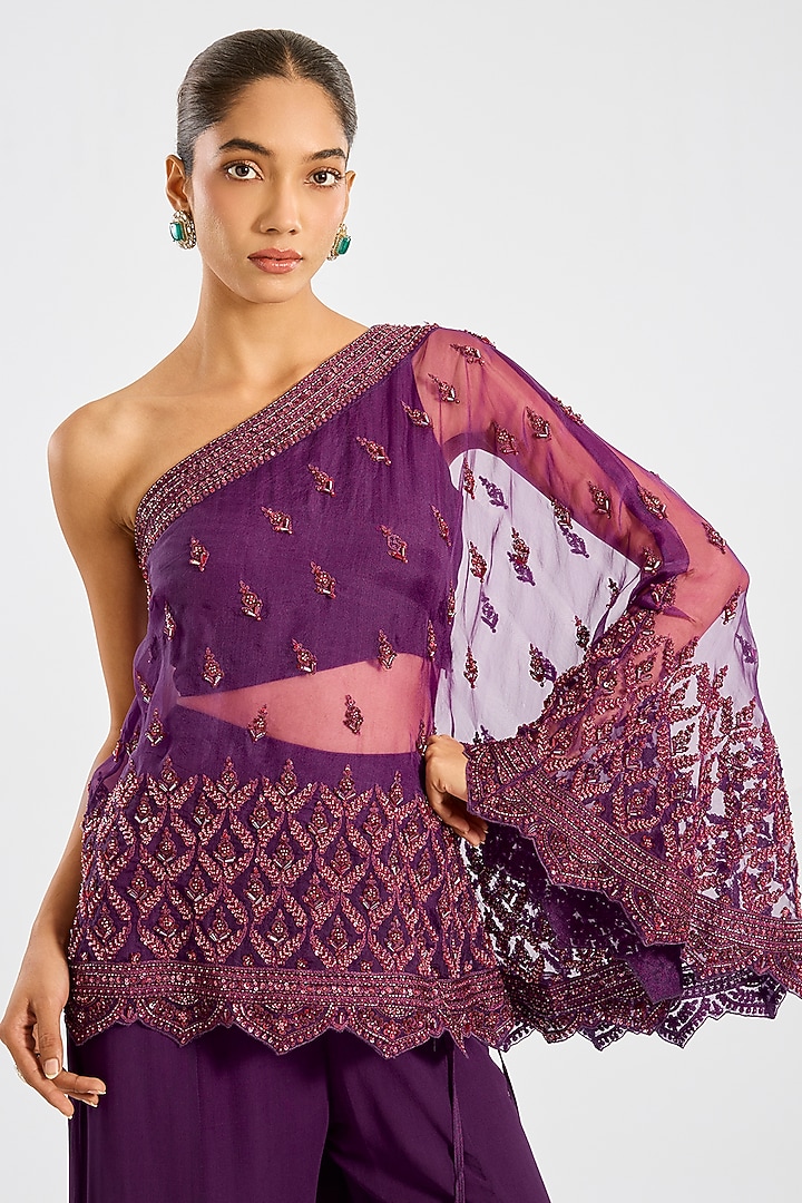 Purple Organza Pearl Embroidered One-Shoulder Cape Set by Suhino at Pernia's Pop Up Shop