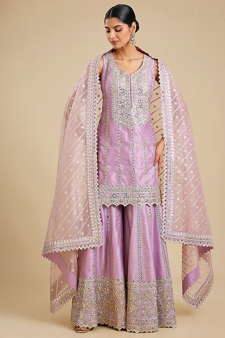 Lilac Slub Silk Embroidered Wedding Sharara Set by Suhino at Pernia's Pop Up Shop