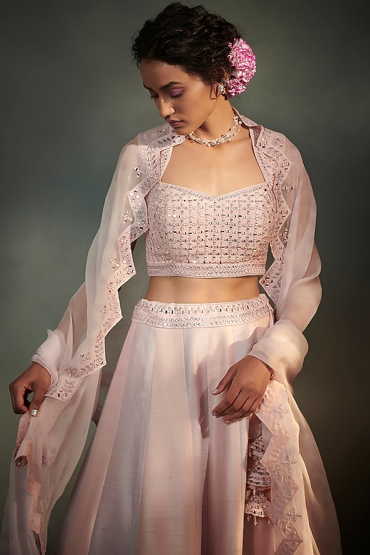 Powder Pink & Purple Resham Embroidered Wedding Lehenga Set by Suhino at Pernia's Pop Up Shop