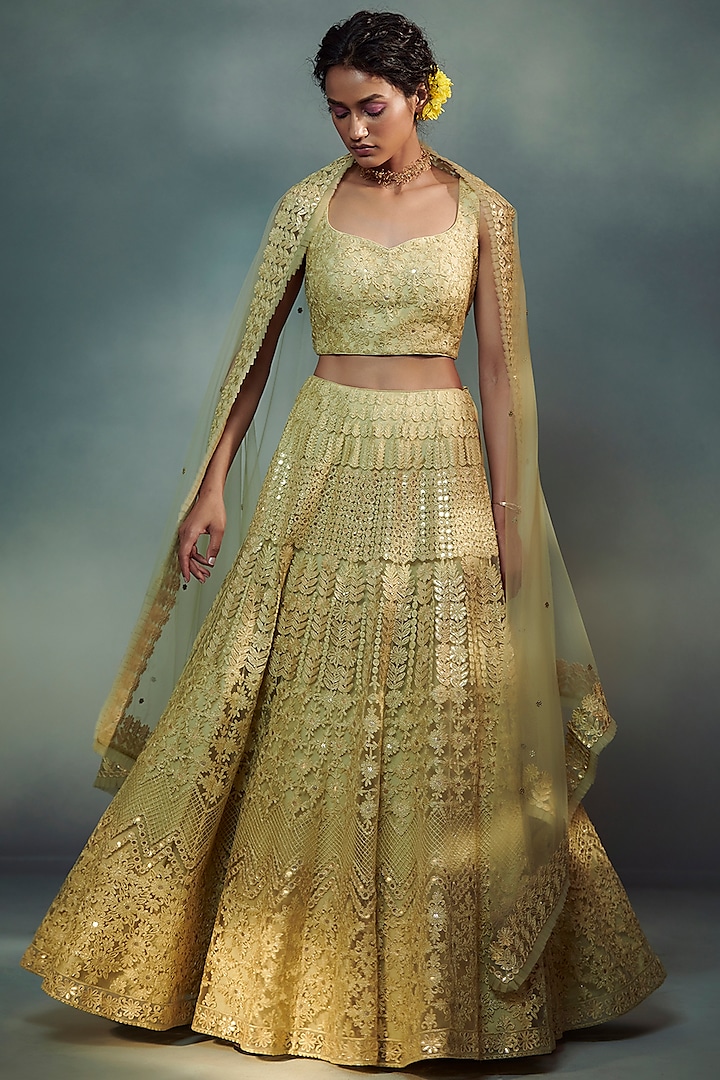 Lime Green Embroidered Lehenga Set by Suhino