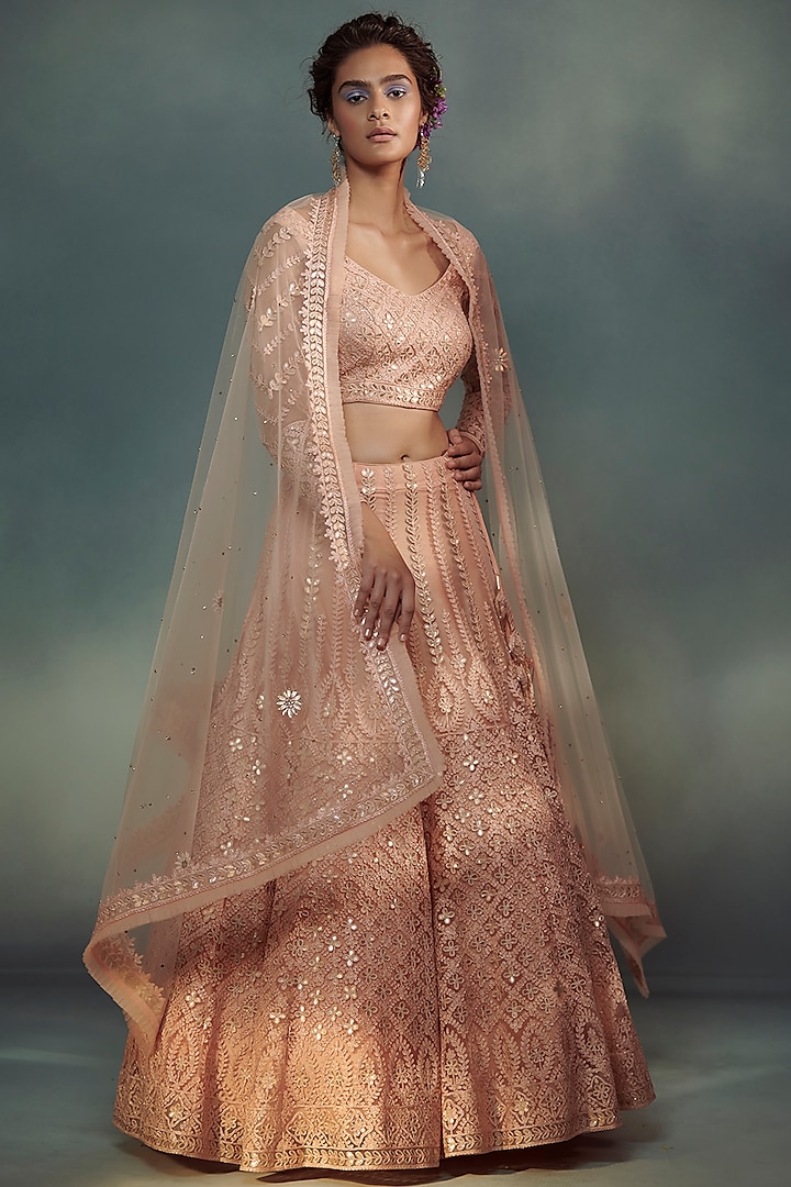 Peach Embroidered Wedding Lehenga Set by Suhino at Pernia's Pop Up Shop