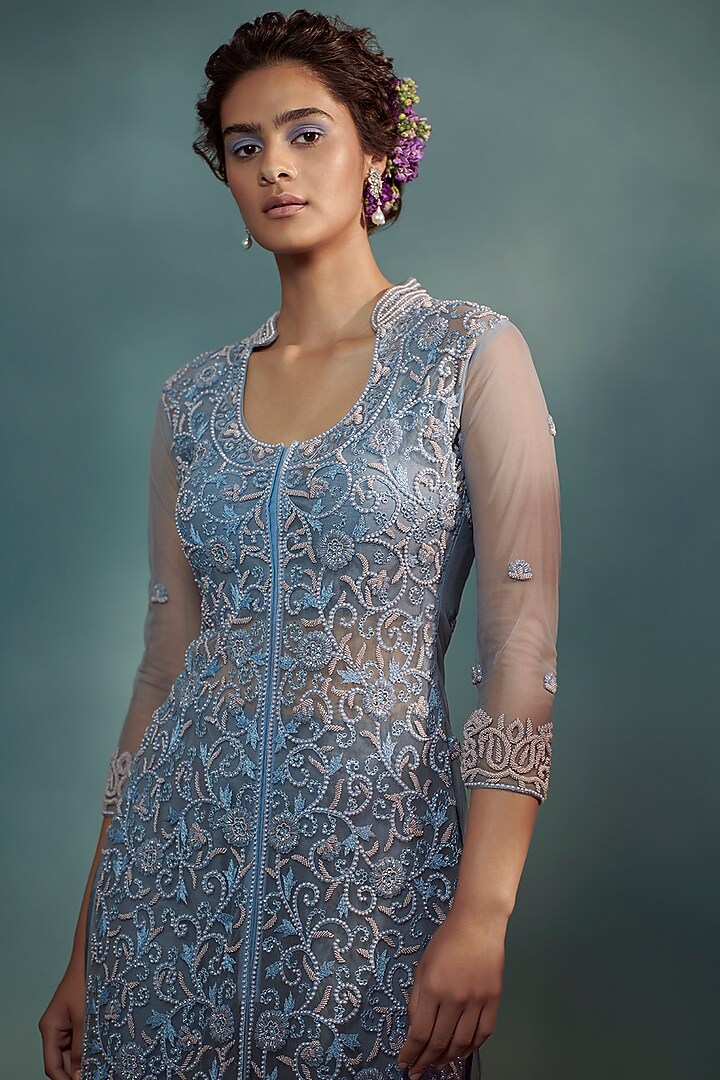 Ice Blue Embroidered Kurta Set by Suhino at Pernia's Pop Up Shop