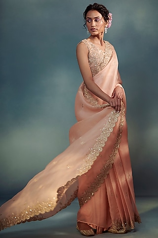 Peach Organza Aari Hand Embroidered Saree Set by Suhino