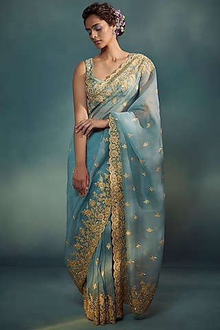 Celeste Blue Banarasi Organza Aari Hand Embroidered Saree Set by Suhino