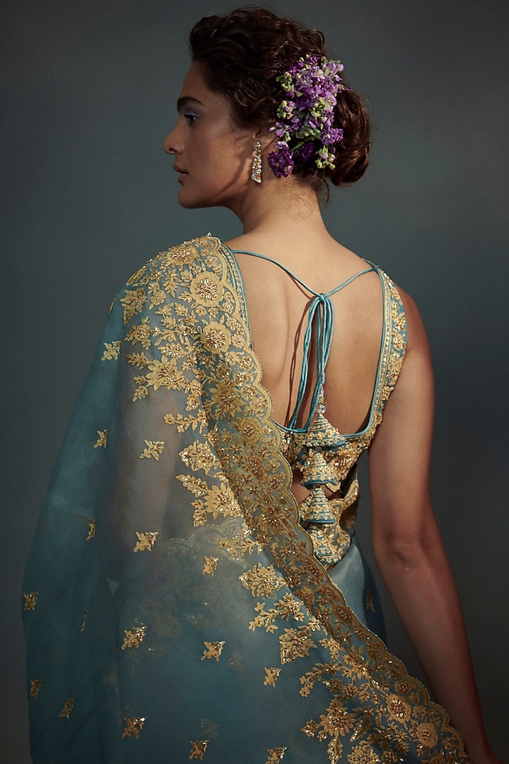 Celeste Blue Banarasi Organza Aari Hand Embroidered Wedding Saree Set by Suhino at Pernia's Pop Up Shop