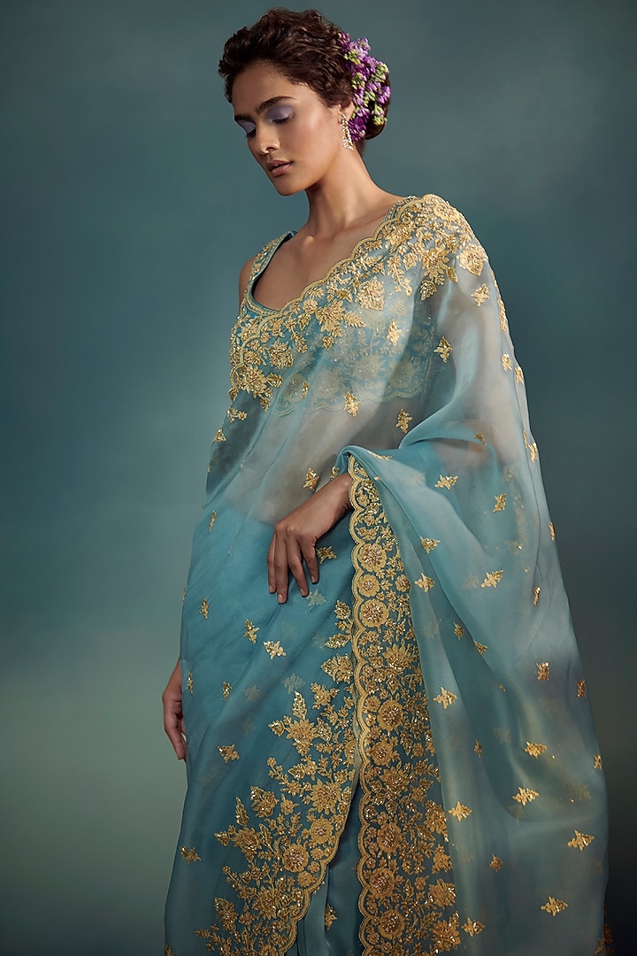 Celeste Blue Banarasi Organza Aari Hand Embroidered Wedding Saree Set by Suhino at Pernia's Pop Up Shop