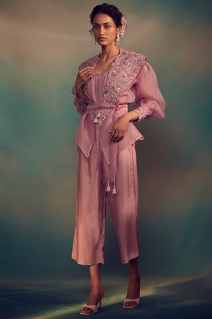 Lilac Maheshwari Silk Jumpsuit by Suhino