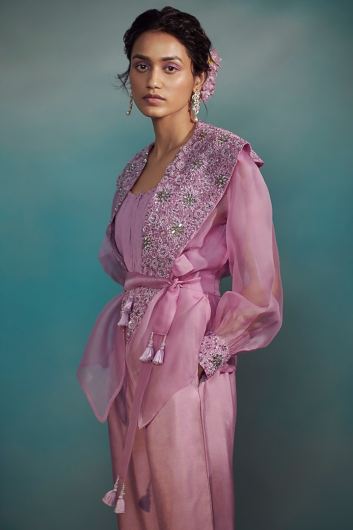 Lilac Maheshwari Silk Jumpsuit by Suhino at Pernia's Pop Up Shop
