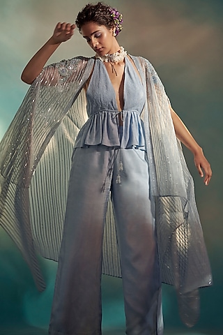 Ice Blue Embroidered Co-ord Set by Suhino