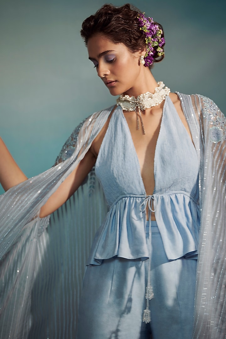 Ice Blue Embroidered Co-ord Set by Suhino at Pernia's Pop Up Shop