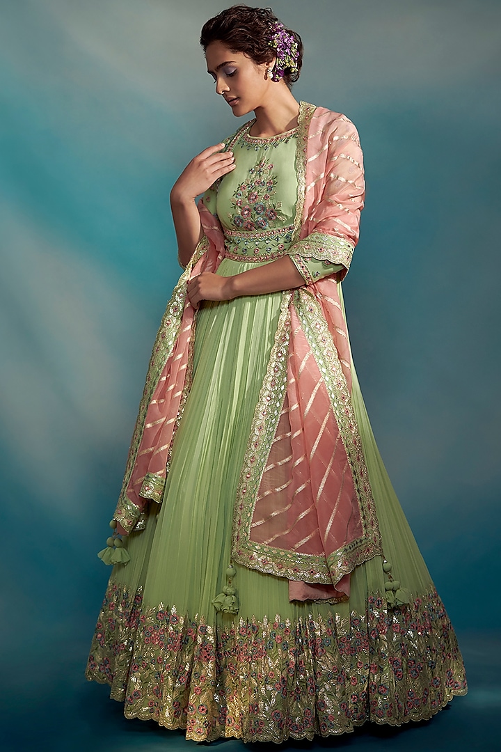 Lime Green Embroidered Anarkali Set by Suhino
