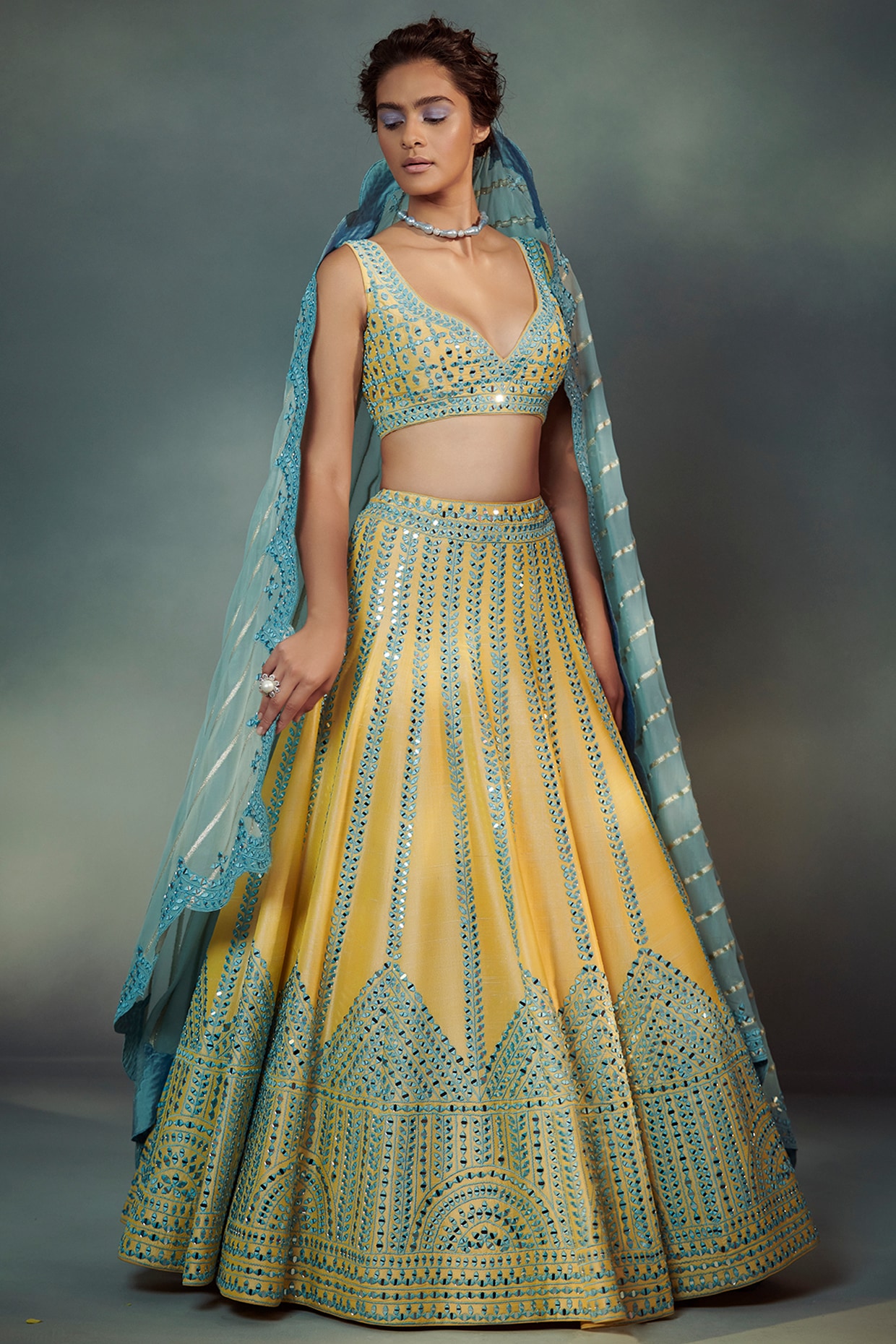 Buy Blue Raw Silk Hand Embroidered Peppermint Candy Bridal Lehenga Set For  Women by I am Design Online at Aza Fashions.