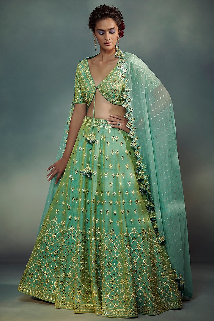 Sea Green Mirror Embroidered Lehenga Set by Suhino