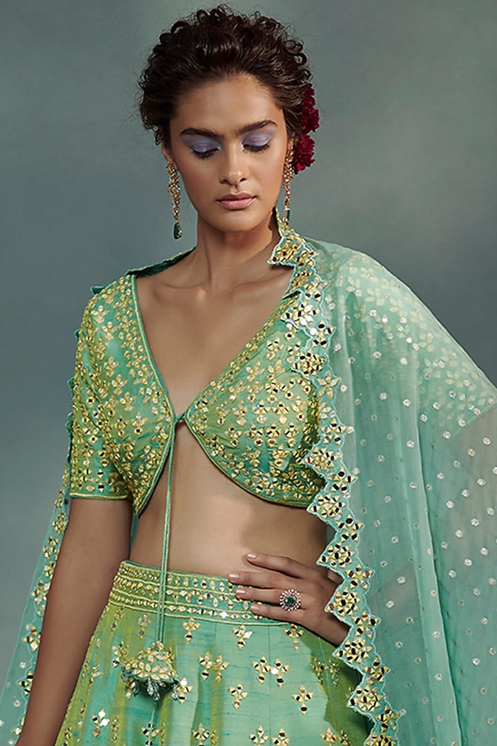 Sea Green Mirror Embroidered Wedding Lehenga Set by Suhino at Pernia's Pop Up Shop