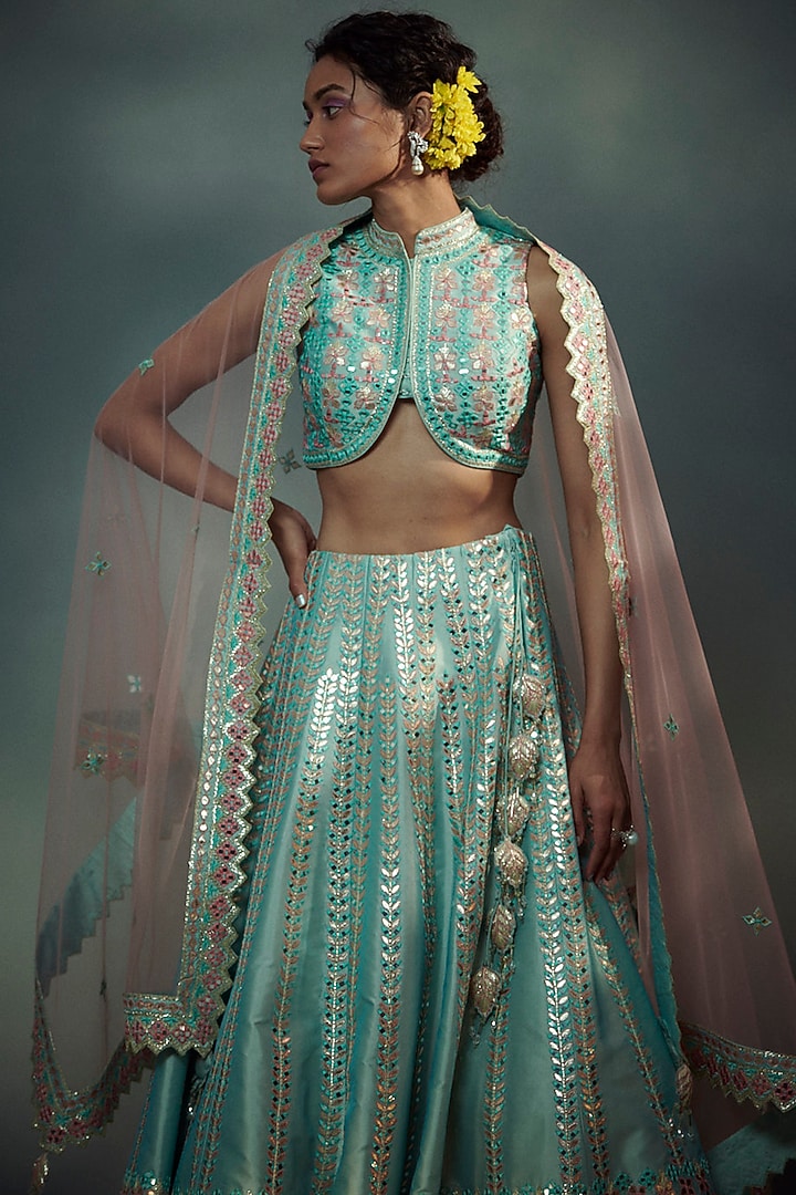 Aqua Blue Embroidered Wedding Lehenga Set by Suhino at Pernia's Pop Up Shop