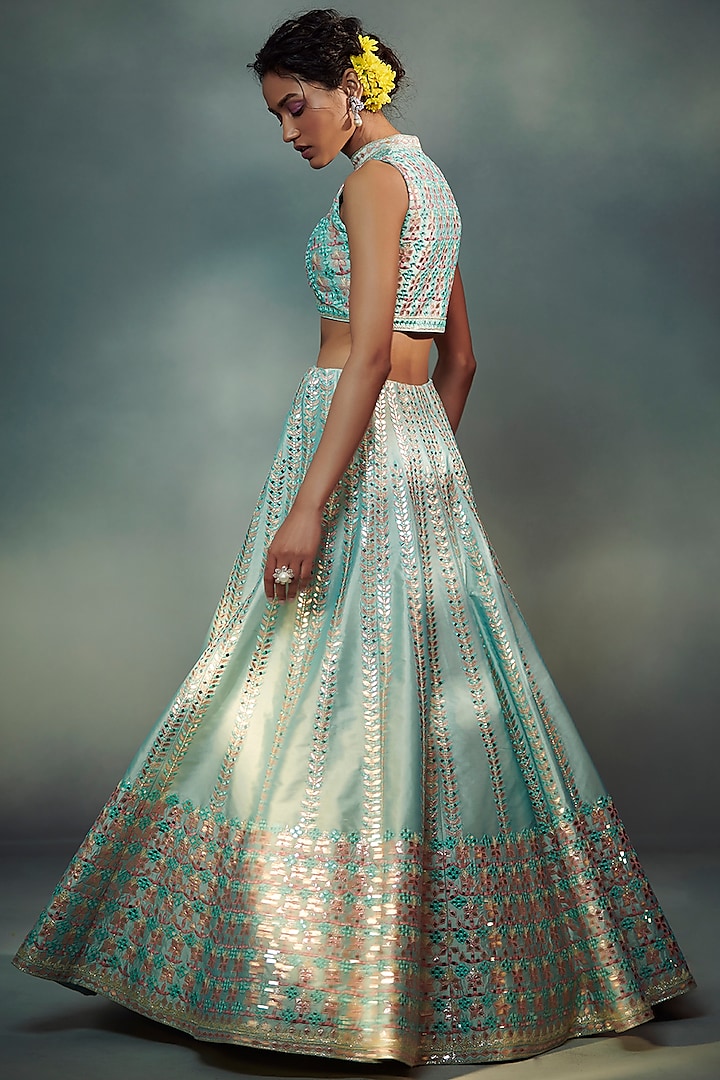 Aqua Blue Embroidered Wedding Lehenga Set by Suhino at Pernia's Pop Up Shop